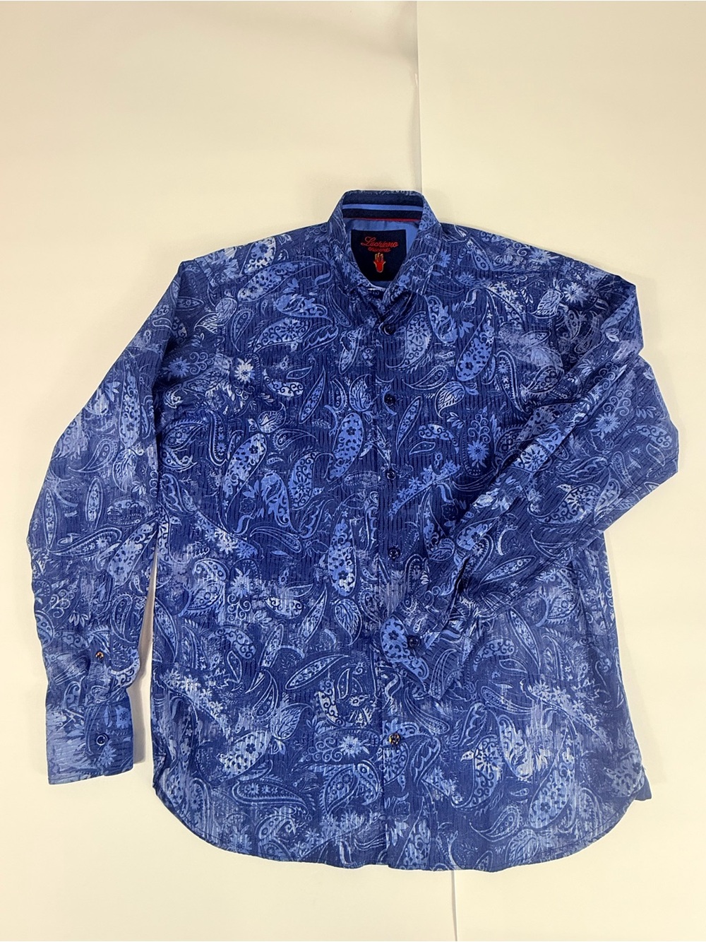 Luchiano Visconti Blue Paisley Button Down Shirt Contrasting Cuff M